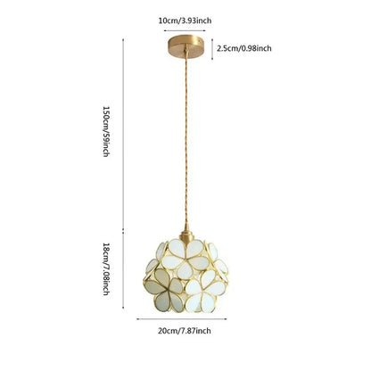 Delicate gold-toned pendant light with spherical design of translucent white flower-shaped glass panels petal pendant light