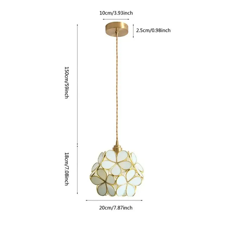 Delicate gold-toned pendant light with spherical design of translucent white flower-shaped glass panels petal pendant light