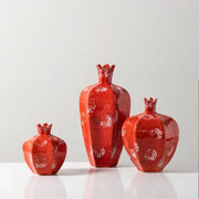Three glossy red handmade pomegranate ceramic vases with white speckled accents for living room decorbites decor