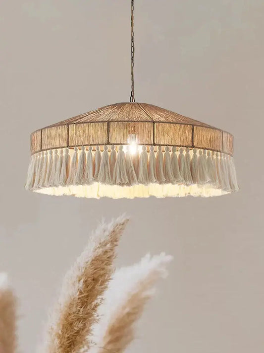 Handmade rattan pendant light with cream tassel fringe warm-toned decorbites pendant lights for dining room decor