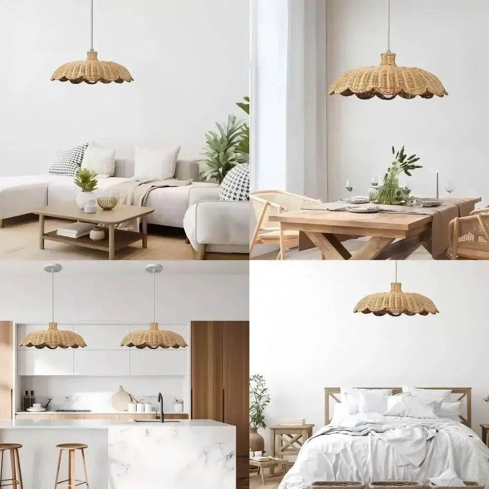 Handmade rattan pendant lamp with scalloped petal-like natural woven wicker design for dining room lighting