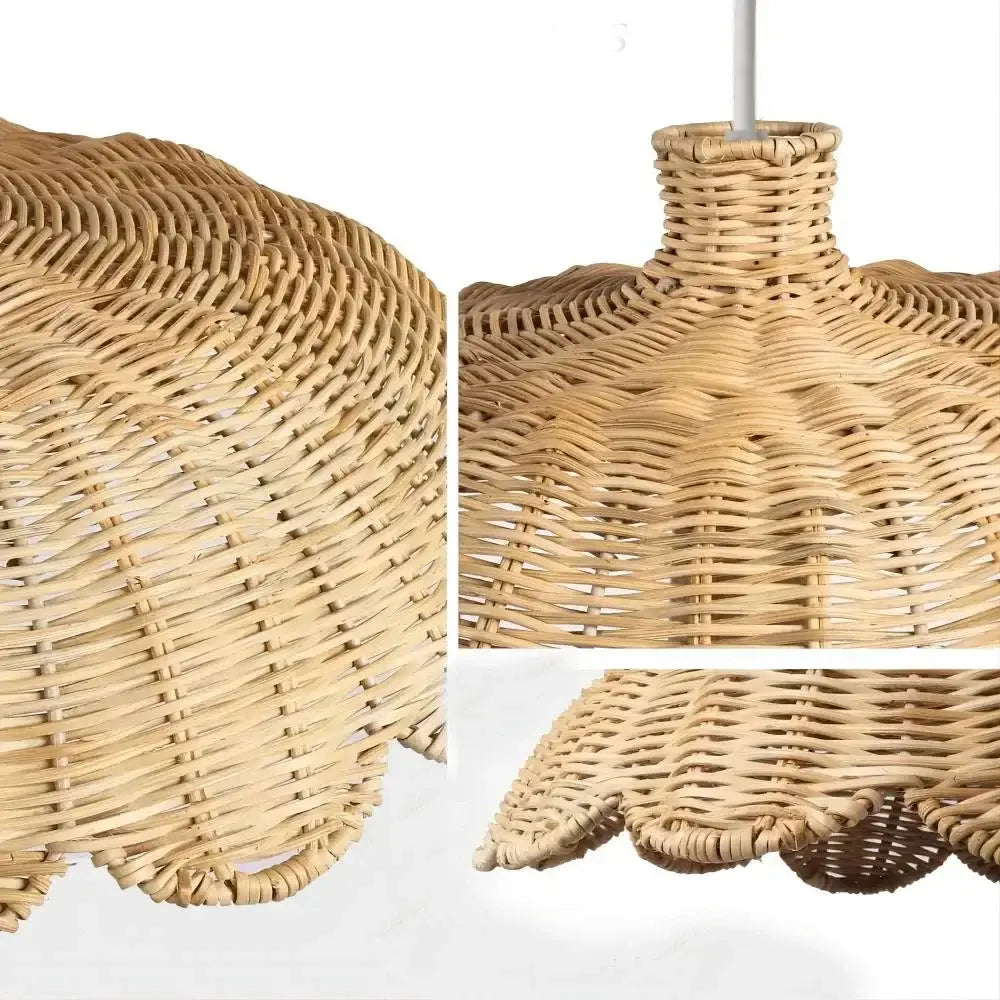 Handmade rattan pendant lamp with flared scalloped edge and intricate woven pattern ideal for dining room lighting