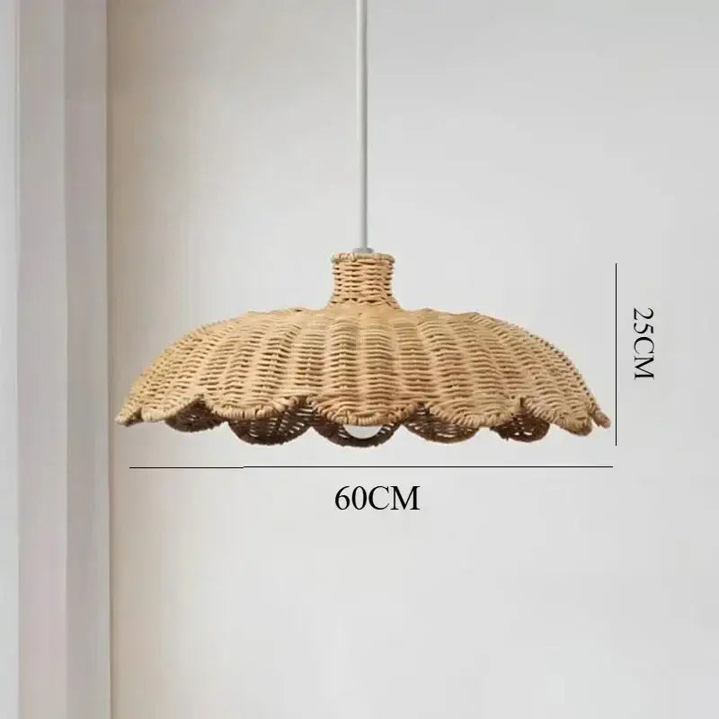 Beige handmade rattan pendant lamp with scalloped woven wicker design 60cm wide ideal for dining room lighting
