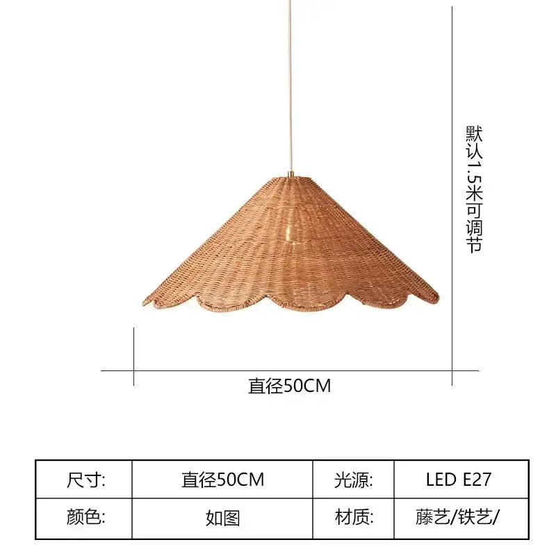 Handmade rattan pendant scalloped wicker light with warm tones and iron frame ideal for dining room pendant lamps