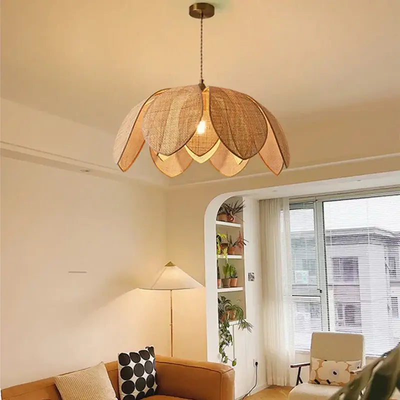 Handmade rattan petal pendant light by decorbites warm-toned woven rattan lotus flower design for dining room decor