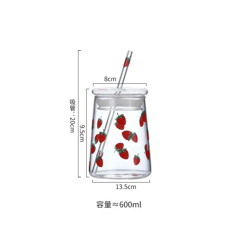Clear glass cup set with red strawberry decals and transparent lid featuring matching straw for kitchen decorbites use