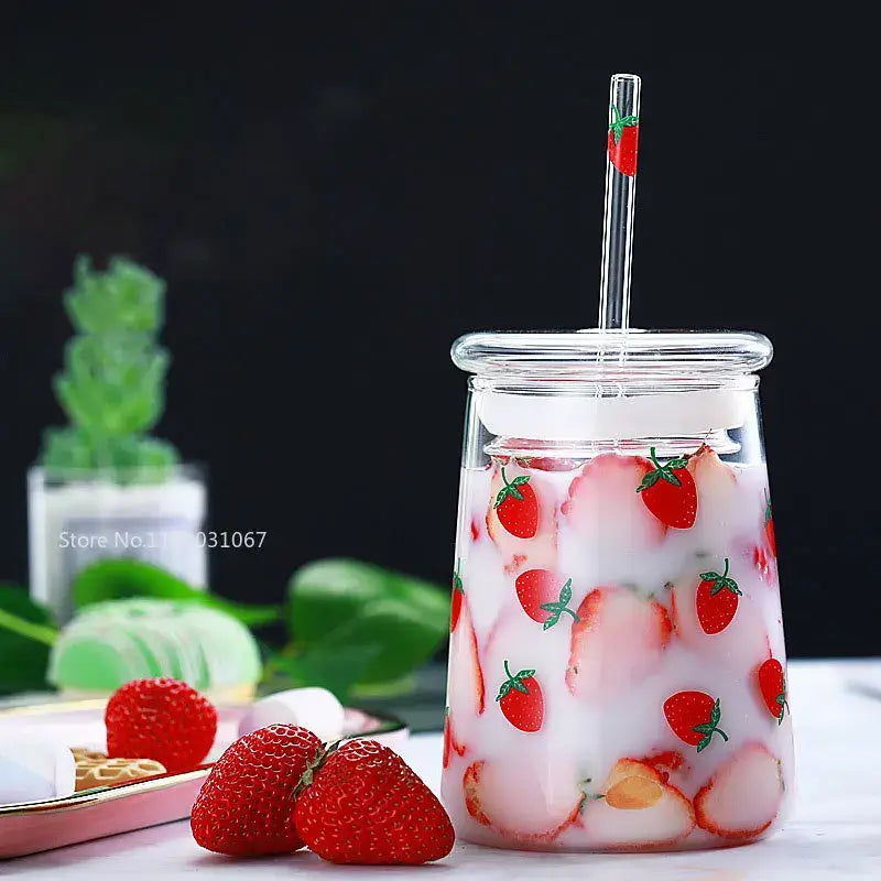 Handmade clear glass cup set with strawberry design pink lid and transparent straw ideal for kitchen milkshake use