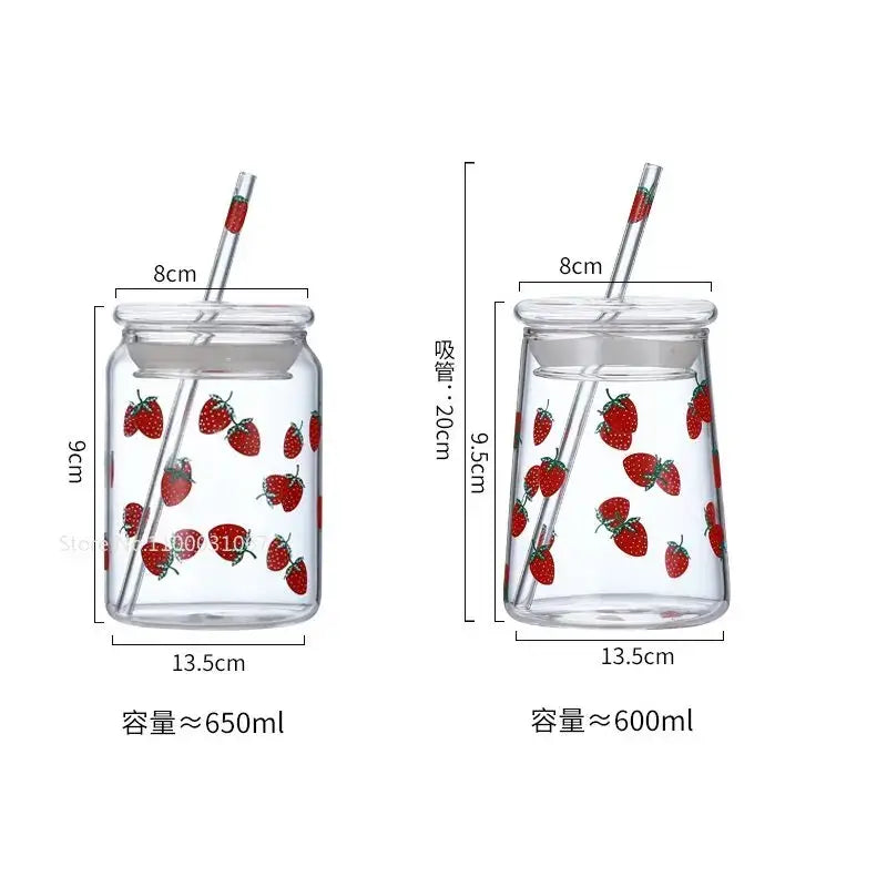 Handmade pink glass cup set with strawberry pattern decorbites glass cup includes matching straw and lid in two sizes