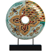 Handmade thai solid teal and gold mosaic tabletop decoration with red and blue gemstones by decorbites for living room decor