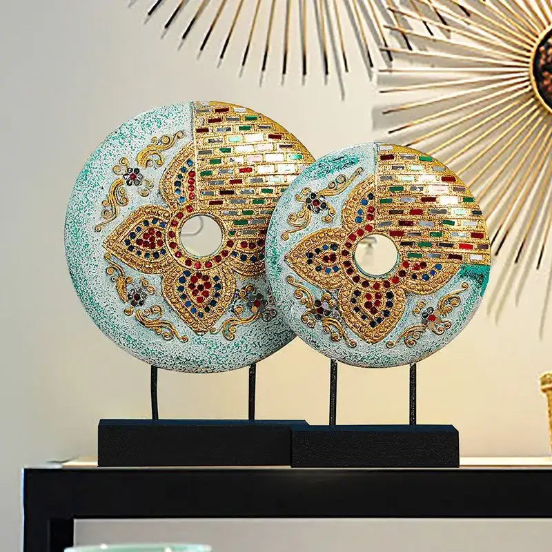 Two ornate handmade thai solid teal and gold mosaic tabletop decoration plaques with turquoise patterns and embedded gemstones