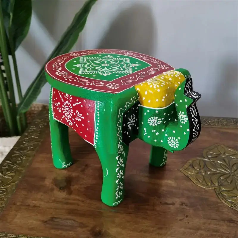 Handmade thai style green wooden decorbites elephant stool with red yellow and white mandala patterns for living room decor