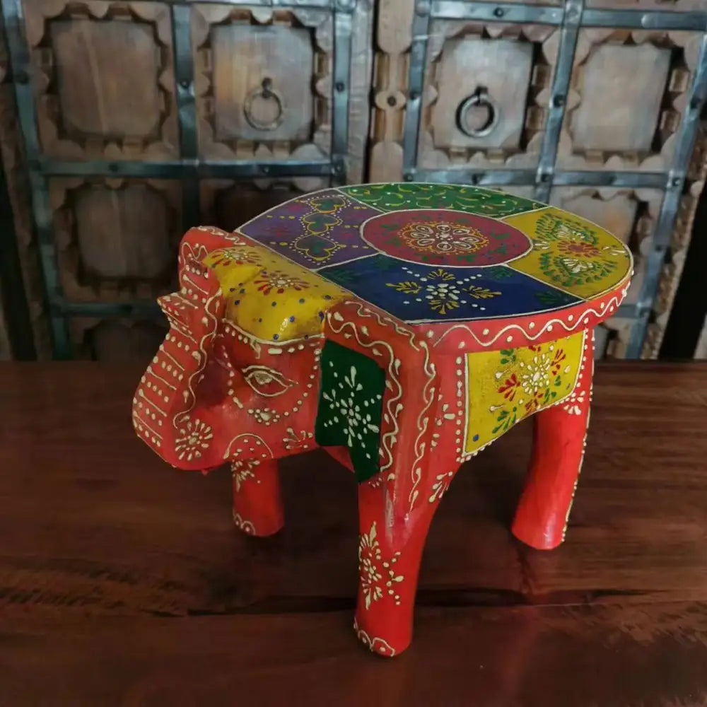 Handmade thai style turquoise and red wooden decorbites elephant stool with colorful patterned top and gold detailing