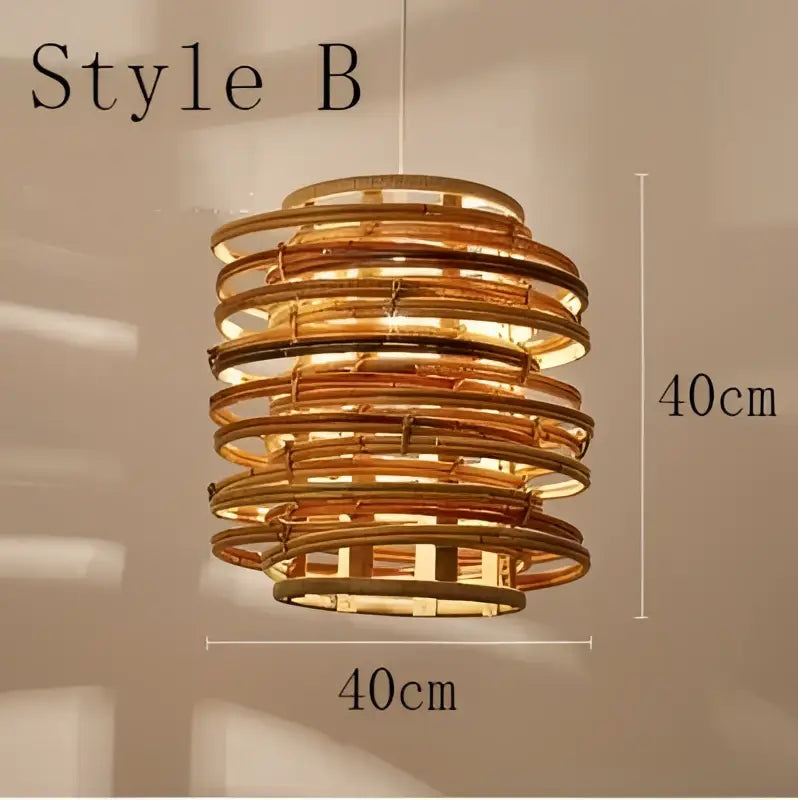 A warm-toned handmade tiered bamboo birdnest pendant light in style b featuring woven natural rattan decorbites bamboo birdnest design