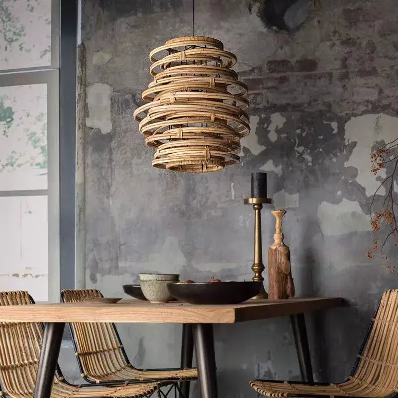 Handmade tiered bamboo birdnest pendant light with spiral woven rattan design for bedroom decorbites bamboo birdnest decor
