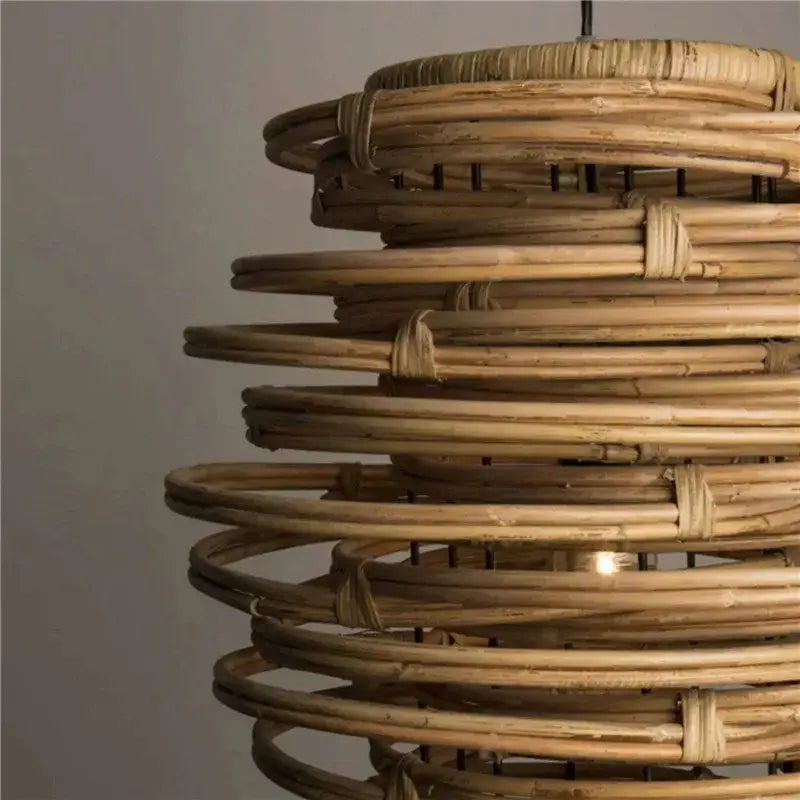 Handmade tiered bamboo birdnest pendant light with natural-toned rattan concentric rings for elegant decorbites decor