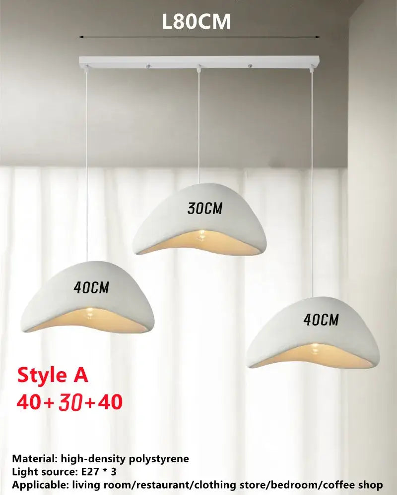 Modern minimalist handmade wabi sabi chandelier with three curved white polystyrene shades for dining room decorbites handmade wabi