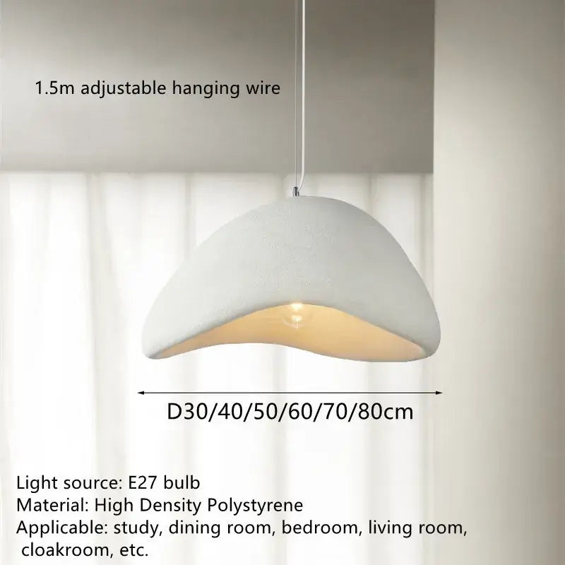 White dome-shaped pendant lamp made of high density polystyrene with matte finish and adjustable hanging wire decorbites handmade wabi sabi