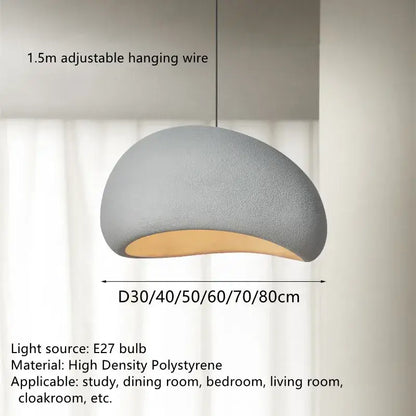 Gray textured dome-shaped pendant lamp made of high-density polystyrene with warm interior by decorbites handmade wabi sabi