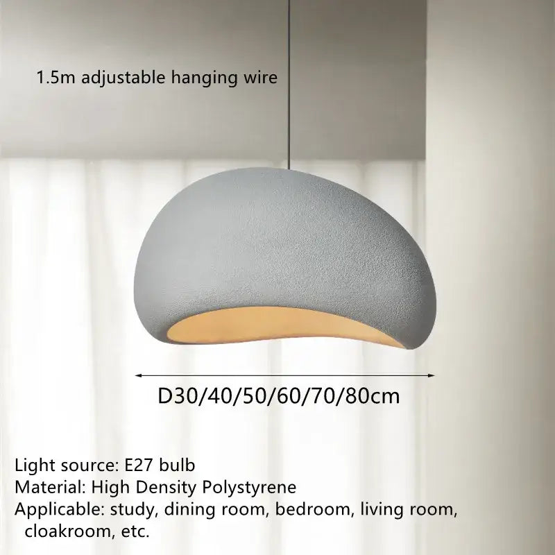Gray textured dome-shaped pendant lamp made of high-density polystyrene with warm interior by decorbites handmade wabi sabi