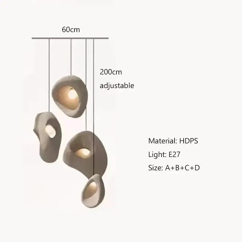 Modern handmade wabi sabi pendant lights with four asymmetrical matte gray hdps shades for stairs organic decorbites design