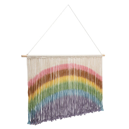 Handmade Weaving Wall-mount Rainbow Macrame Decor Wall Hanging Colorful Tie-dyeing Tapestries w/Wood Stick 109*70cm