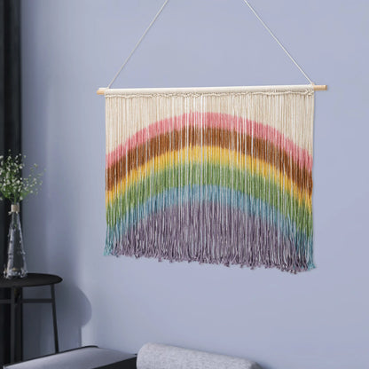 Handmade Weaving Wall-mount Rainbow Macrame Decor Wall Hanging Colorful Tie-dyeing Tapestries w/Wood Stick 109*70cm