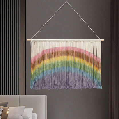 Handmade Weaving Wall-mount Rainbow Macrame Decor Wall Hanging Colorful Tie-dyeing Tapestries w/Wood Stick 109*70cm