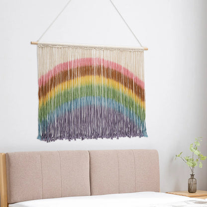 Handmade Weaving Wall-mount Rainbow Macrame Decor Wall Hanging Colorful Tie-dyeing Tapestries w/Wood Stick 109*70cm