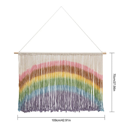 Handmade Weaving Wall-mount Rainbow Macrame Decor Wall Hanging Colorful Tie-dyeing Tapestries w/Wood Stick 109*70cm