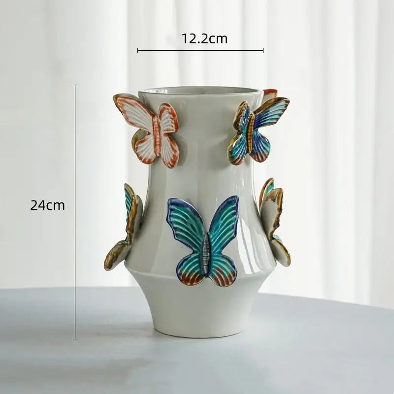 Handmade white ceramic butterfly vase with blue orange teal 3D decorations for living room decorbites butterfly ceramic