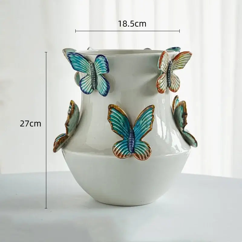 Handmade white decorbites butterfly ceramic vase with blue and green 3d butterfly decor for living room floral decor