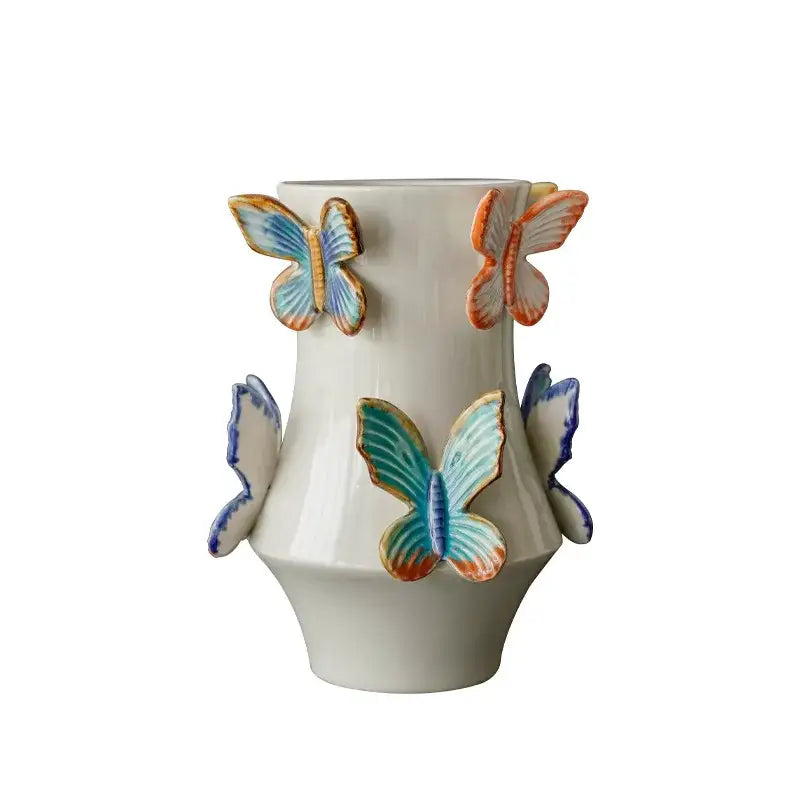 Handmade white butterfly ceramic vase with five colorful blue orange and teal butterflies for living room decorbites butterfly ceramic decor