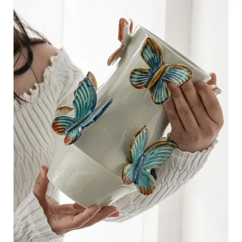 Handmade white butterfly ceramic vase with glossy finish and teal brown 3d butterflies for living room decorbites butterfly ceramic decor
