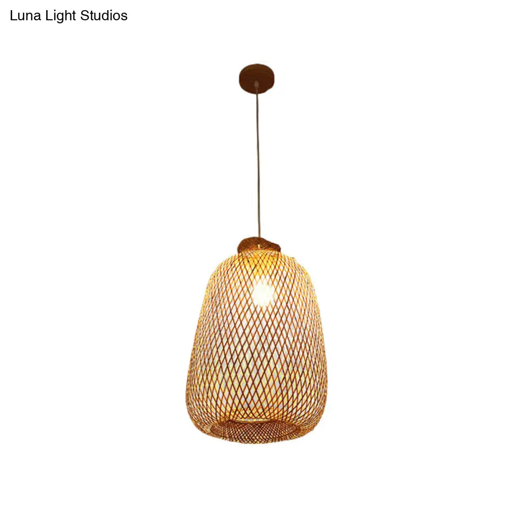 Handmade Wood Pendant Light with Bamboo Shade - Modern 1 Bulb Hanging Lamp