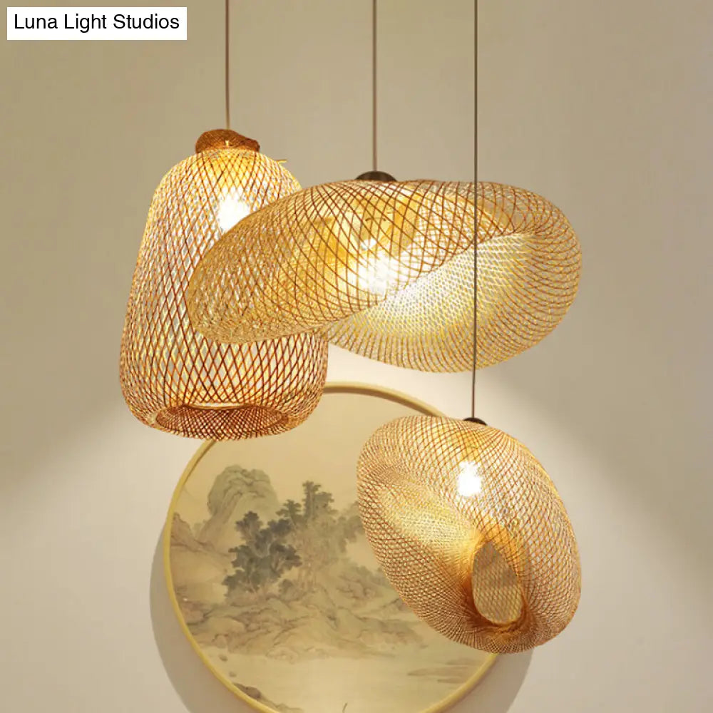 Handmade Wood Pendant Light with Bamboo Shade - Modern 1 Bulb Hanging Lamp