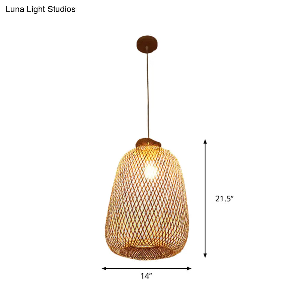 Handmade Wood Pendant Light with Bamboo Shade - Modern 1 Bulb Hanging Lamp