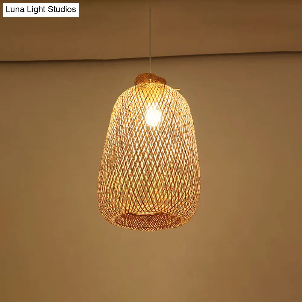 Handmade Wood Pendant Light with Bamboo Shade - Modern 1 Bulb Hanging Lamp