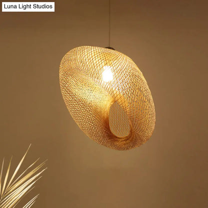 Handmade Wood Pendant Light with Bamboo Shade - Modern 1 Bulb Hanging Lamp