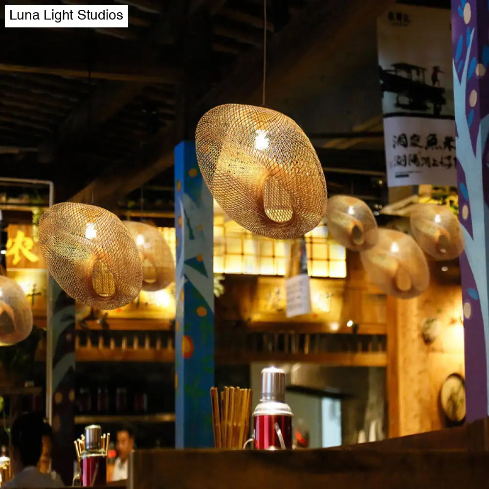 Handmade Wood Pendant Light with Bamboo Shade - Modern 1 Bulb Hanging Lamp