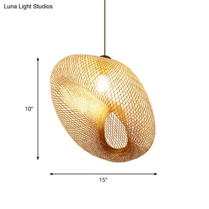 Handmade Wood Pendant Light with Bamboo Shade - Modern 1 Bulb Hanging Lamp