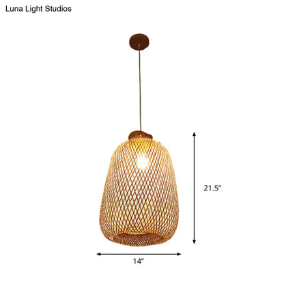 Handmade Wood Pendant Light with Bamboo Shade - Modern 1 Bulb Hanging Lamp