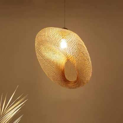 Handmade Wood Pendant Light with Bamboo Shade - Modern 1 Bulb Hanging Lamp