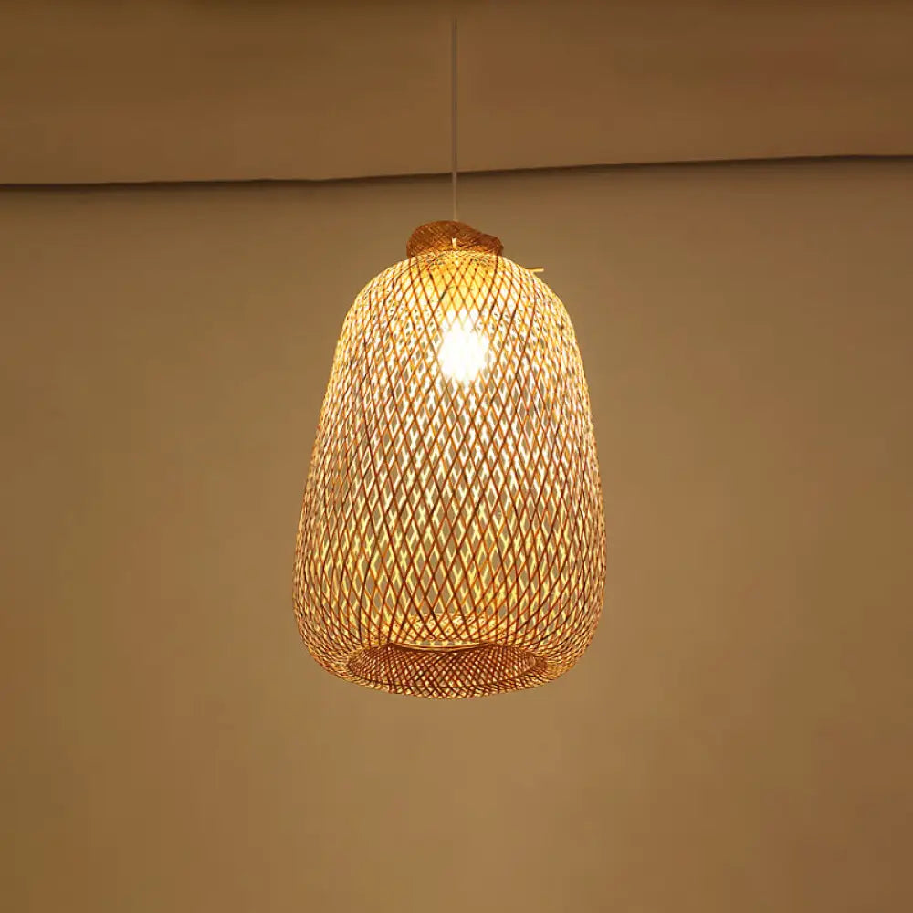 Handmade Wood Pendant Light with Bamboo Shade - Modern 1 Bulb Hanging Lamp