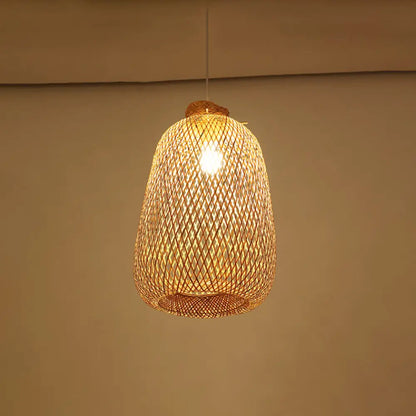 Handmade Wood Pendant Light with Bamboo Shade - Modern 1 Bulb Hanging Lamp