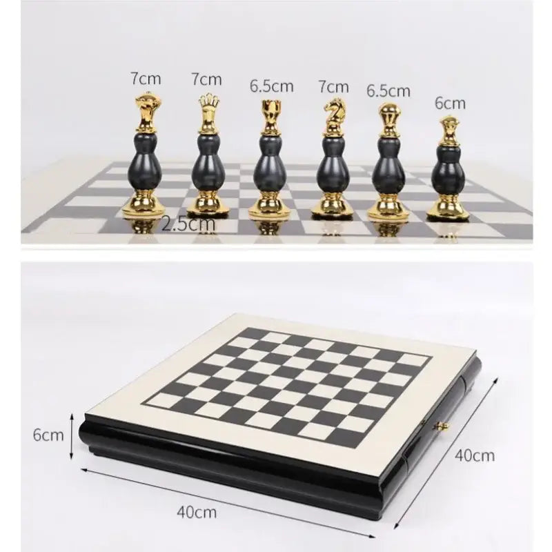 Handmade wooden chess set with black and gold glossy sculpted pieces on a foldable checkered board for games room decor