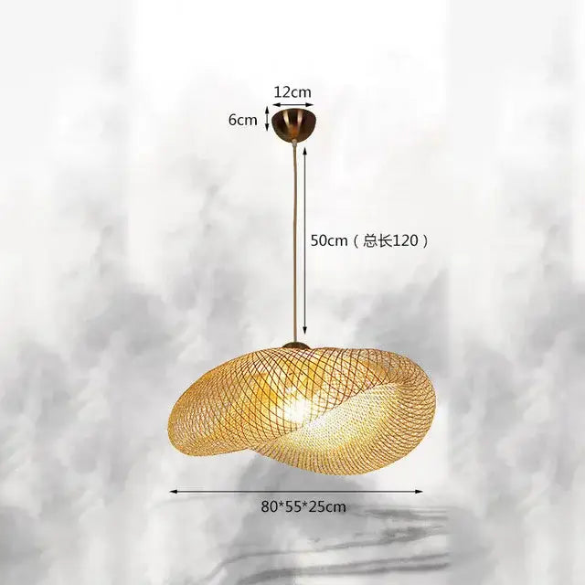 Golden woven decorbites bamboo chandelier with twisted organic design and brass hardware for dining room lighting