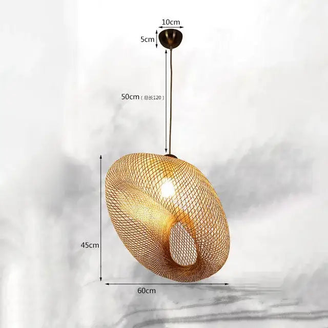 Golden woven bamboo chandelier with a sleek modern design handmade by decorbites for dining room decor
