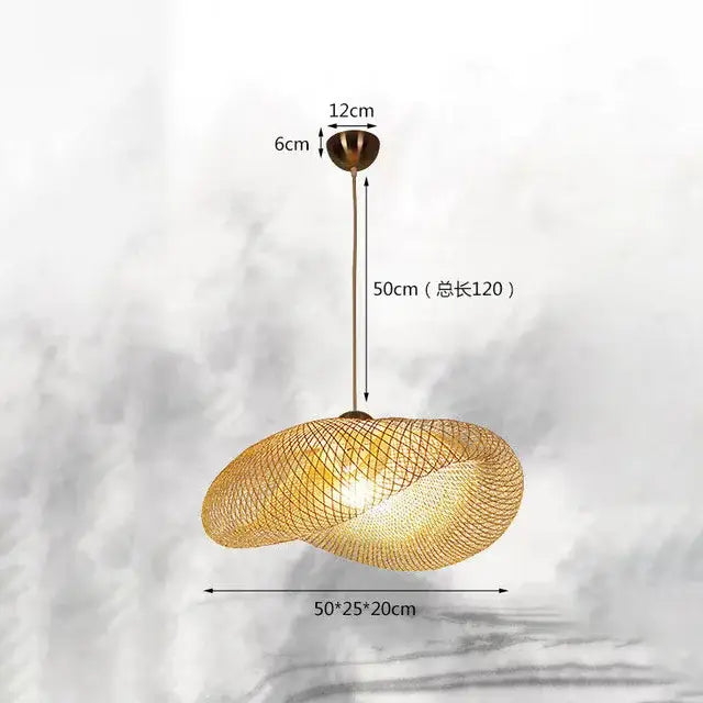 A warm-toned handmade woven decorbites bamboo chandelier with twisted design and brass hardware for dining room