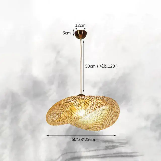 A warm-toned handmade woven decorbites bamboo chandelier with twisted design and brass hardware for dining room