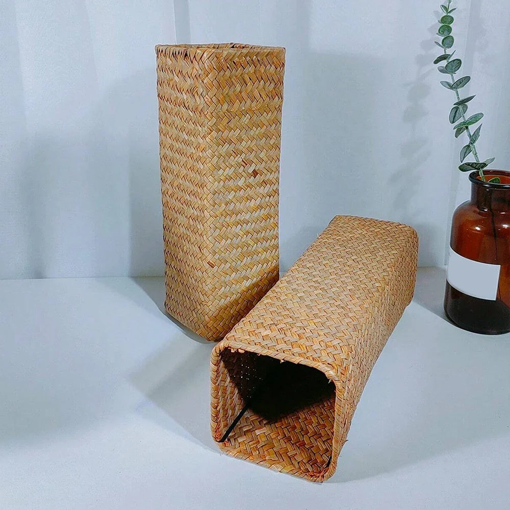 Natural woven straw umbrella stand with rectangular tall textured design for home flower arrangement decoration